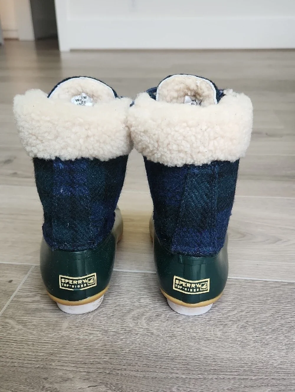 Sperry Green Rubber Duck Boots with Navy Wool Upper and Faux-Fur Trim